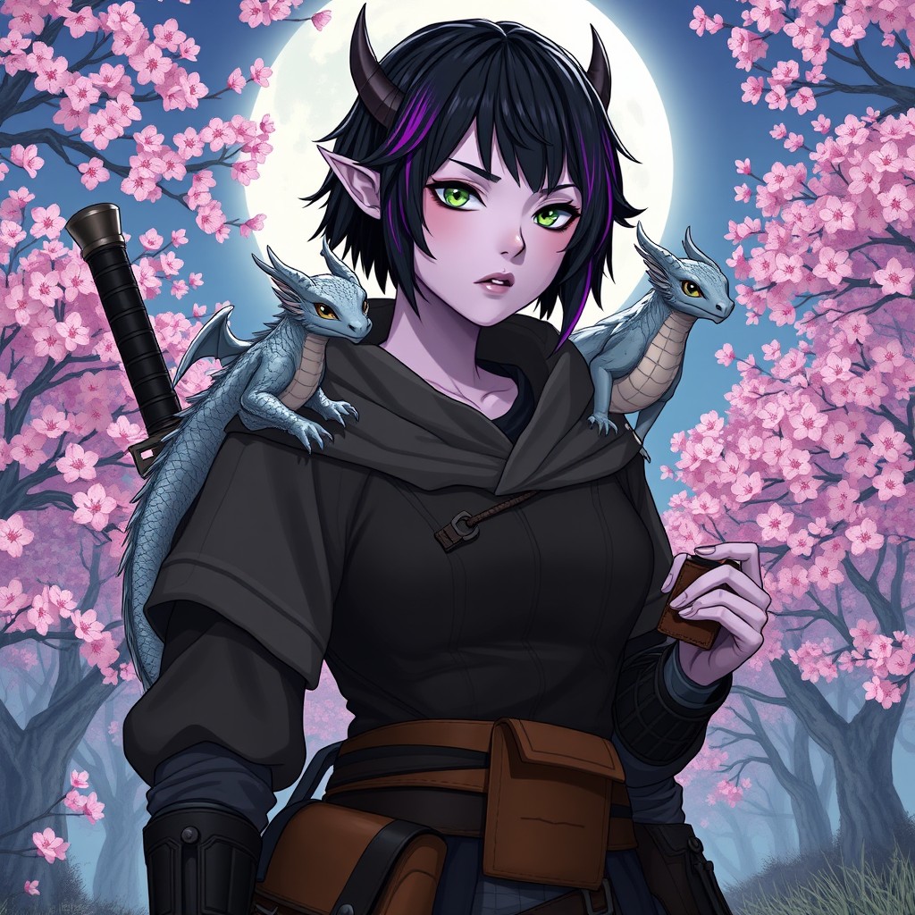 A full-bodied woman with fork-split ears, featuring short black hair adorned with orchid colored highlights