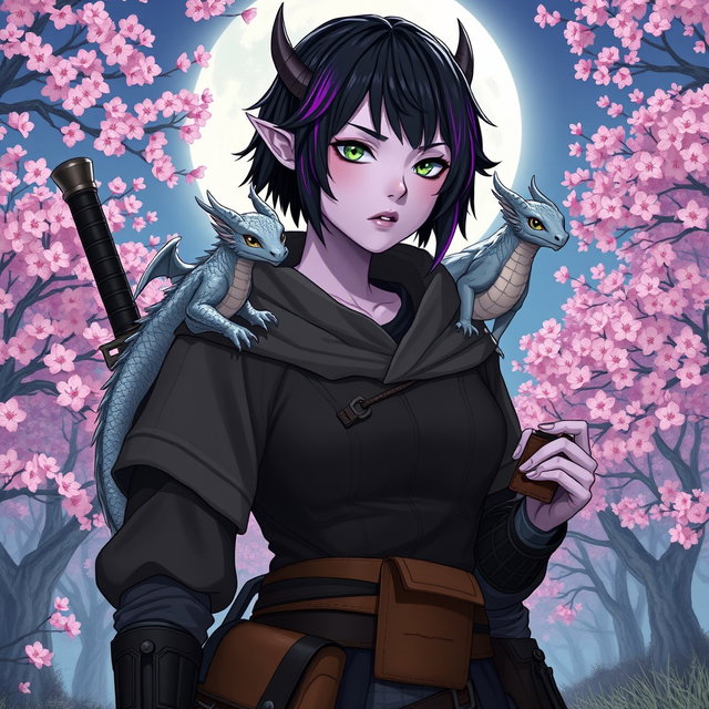 A full-bodied woman with fork-split ears, featuring short black hair adorned with orchid colored highlights