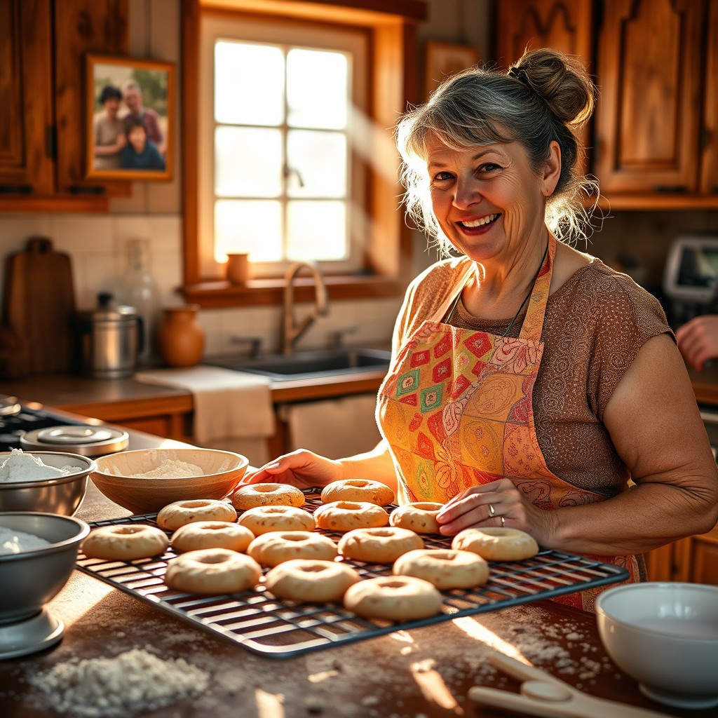 A warm and inviting scene of an aunt in a cozy kitchen, baking cookies