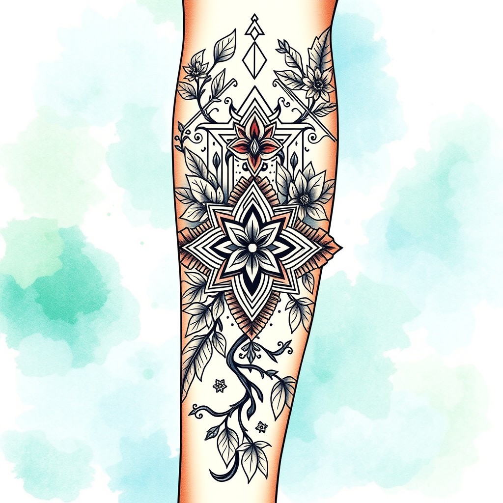 A detailed and ornate tattoo design featuring intricate geometric patterns and nature-inspired elements such as leaves, flowers, and vines intertwining