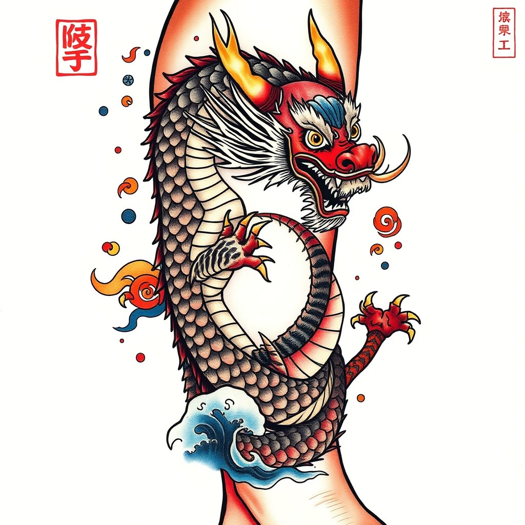 Traditional Japanese Irezumi style tattoo of a dragon wrapped around a right leg, starting from the instep and ascending to the knee