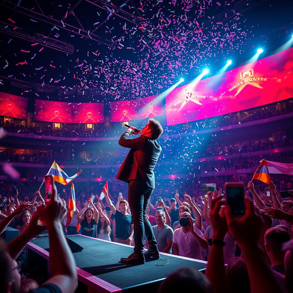 Krisz Rudolf performing passionately on stage in a grand stadium filled with cheering fans