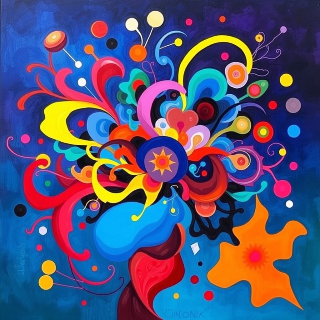 An abstract representation of chaotic thoughts, featuring vibrant colors swirling together, overlapping shapes that create a sense of movement and disarray