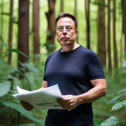 Elon Musk standing in a lush, verdant forest, holding a blueprint of sustainable technology. His gaze speaks volumes about the importance of environmental conservation.