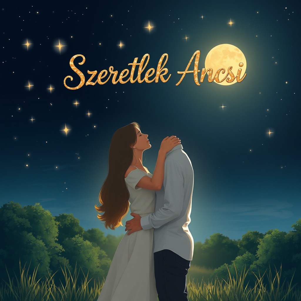A beautiful nighttime scene depicting two lovers, a couple kissing under the moonlight with the starry sky overhead