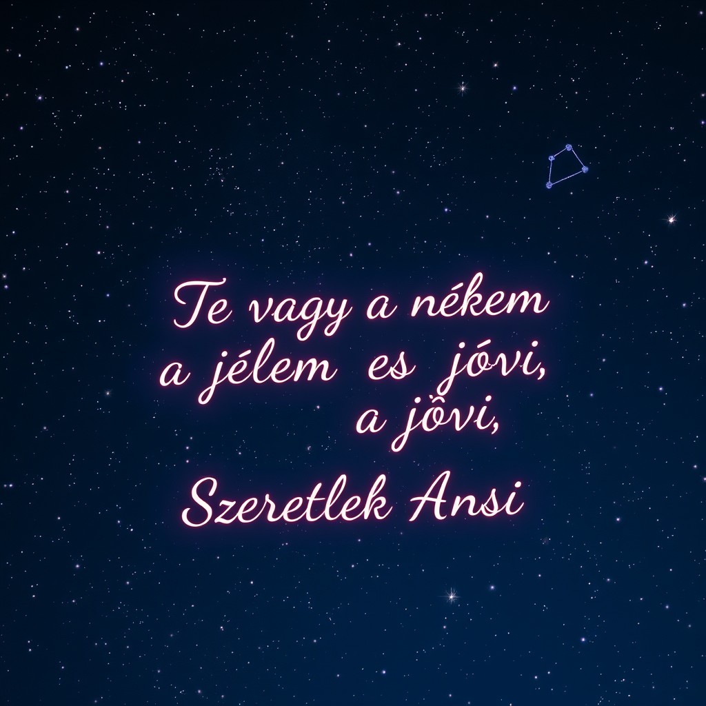 A beautiful starry night sky filled with twinkling stars, featuring the phrase 'Te vagy nekem a jelen és a jövő, Szeretlek Ancsi' elegantly written among the constellations, illuminated by a soft, mystical glow