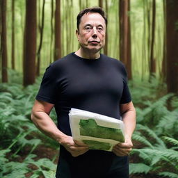 Elon Musk standing in a lush, verdant forest, holding a blueprint of sustainable technology. His gaze speaks volumes about the importance of environmental conservation.