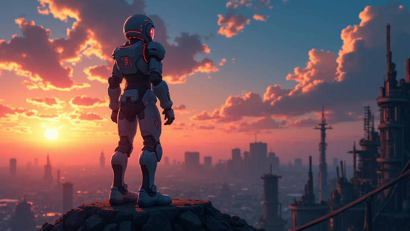 An anime scene depicting a futuristic mech pilot standing proudly on the edge of a ruined city skyline at dusk