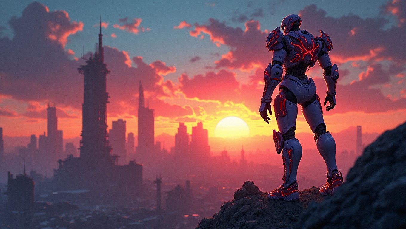 An anime scene showcasing a futuristic mech warrior standing heroically atop a ruined city skyline at dusk