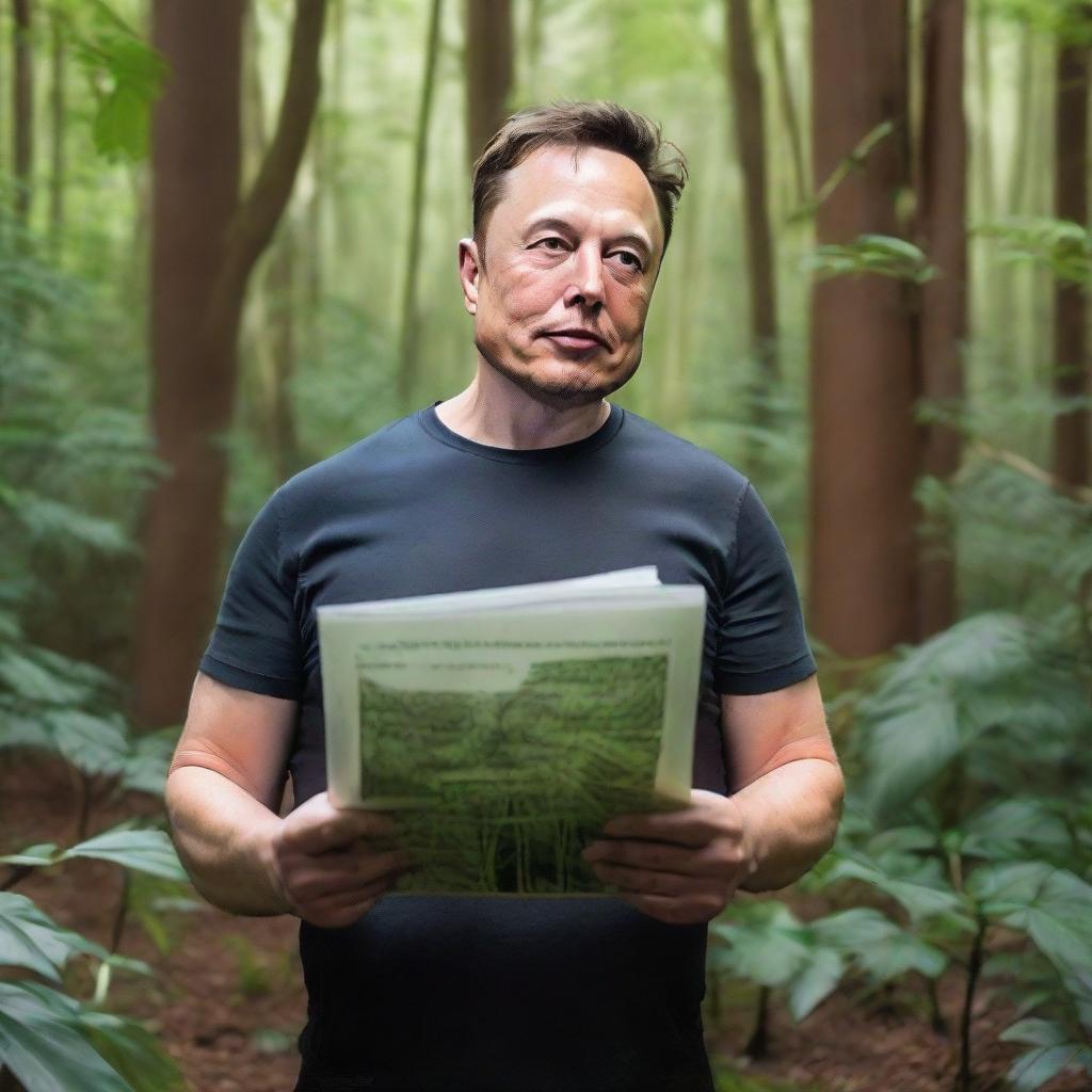 Elon Musk standing in a lush, verdant forest, holding a blueprint of sustainable technology. His gaze speaks volumes about the importance of environmental conservation.