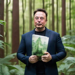 Elon Musk standing in a lush, verdant forest, holding a blueprint of sustainable technology. His gaze speaks volumes about the importance of environmental conservation.