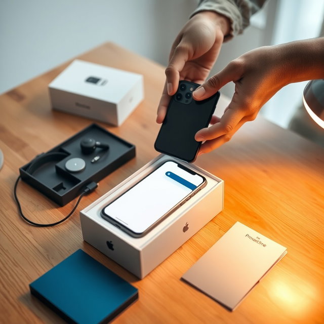 A visually engaging scene depicting the unboxing of a sleek, modern smartphone