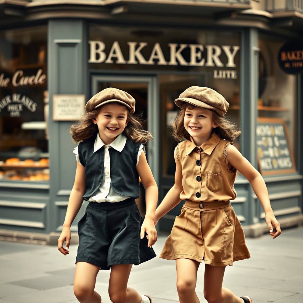 A nostalgic scene featuring two young girls playfully passing by a quaint bakery, captured in an old-fashioned photographic style