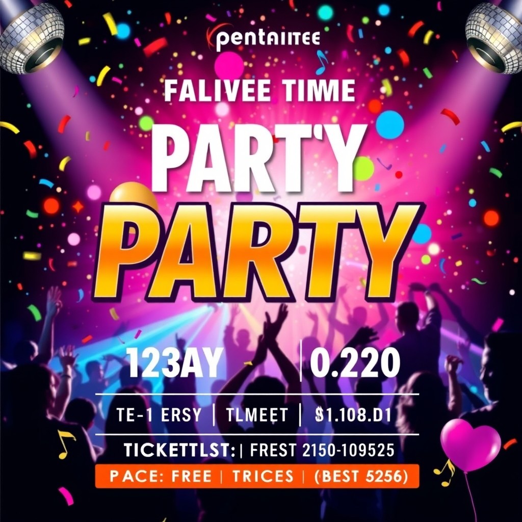 A vibrant and eye-catching poster design for parties and events, featuring bold typography announcing the event's name at the top