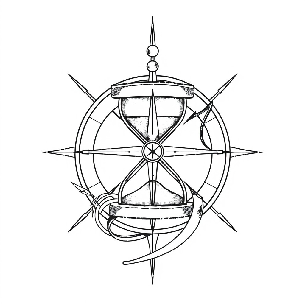 A beautifully designed line art tattoo that intricately combines the iconic compass symbol associated with Stray Kids and the hourglass emblem of Ateez