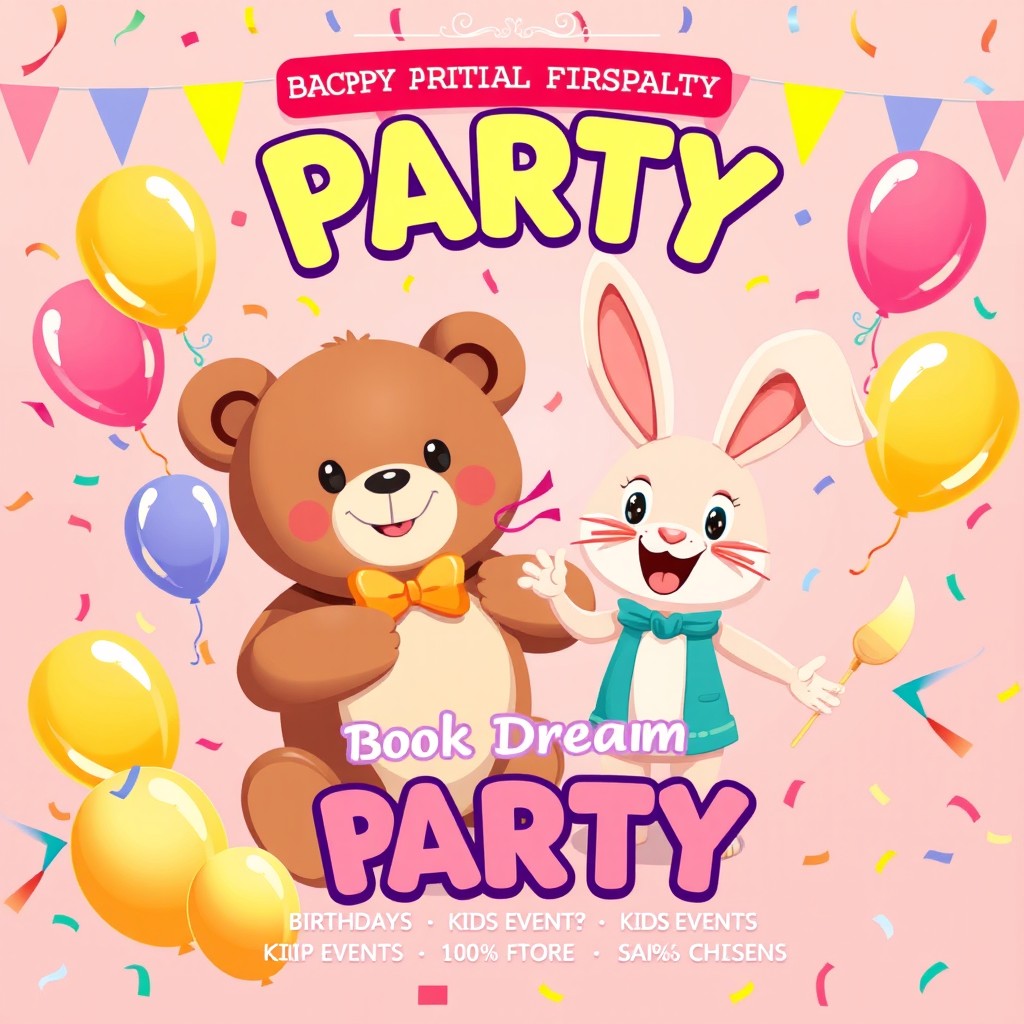 A vibrant party flyer design in flat 2D cartoon style, featuring a cute giant teddy bear and a playful rabbit mascot in fun costumes, surrounded by colorful confetti and balloons in the background
