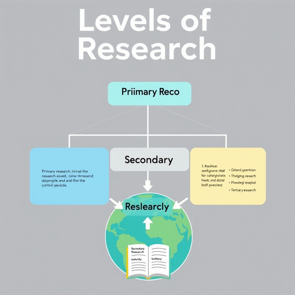 A visually engaging and informative graphic organizer showcasing the levels of research, featuring a hierarchical structure with clear labels for each level, including 'Primary Research', 'Secondary Research', and 'Tertiary Research'