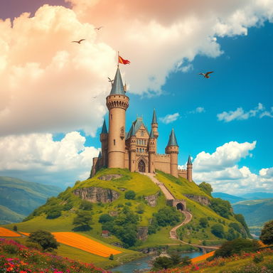 A majestic castle perched atop a lush green hill, surrounded by a vivid blue sky filled with fluffy white clouds