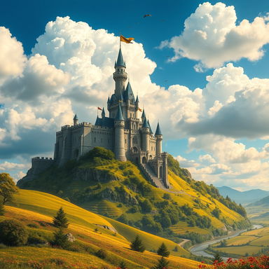 A majestic castle perched atop a lush green hill, surrounded by a vivid blue sky filled with fluffy white clouds