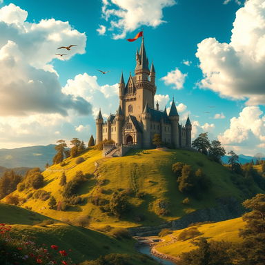 A majestic castle perched atop a lush green hill, surrounded by a vivid blue sky filled with fluffy white clouds
