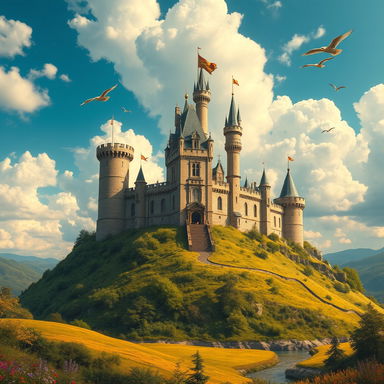 A majestic castle perched atop a lush green hill, surrounded by a vivid blue sky filled with fluffy white clouds