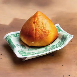 A tasty Brazilian coxinha resting on a single one real bill.