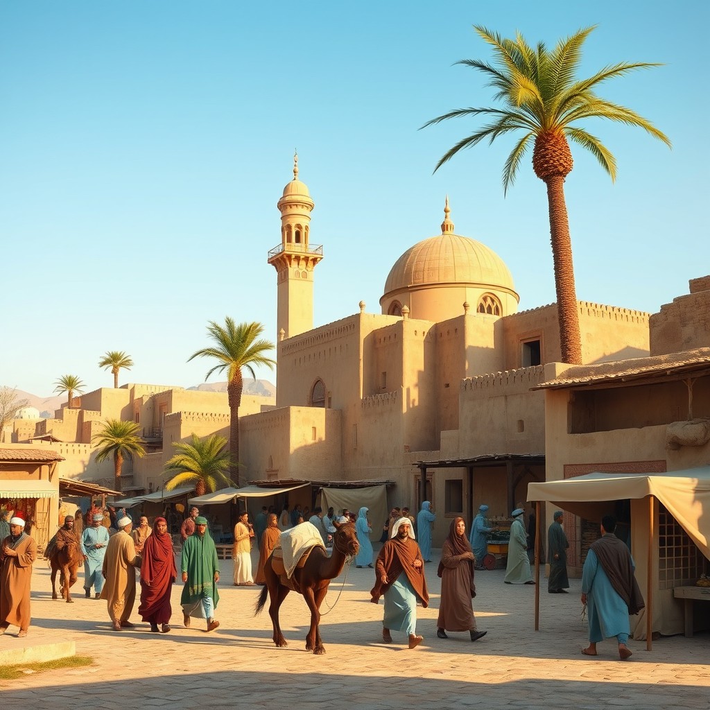 A historical representation of the city of Medina during the time of Prophet Muhammad, showcasing traditional Arabian architecture with mud-brick houses, palm trees, and bustling market scenes