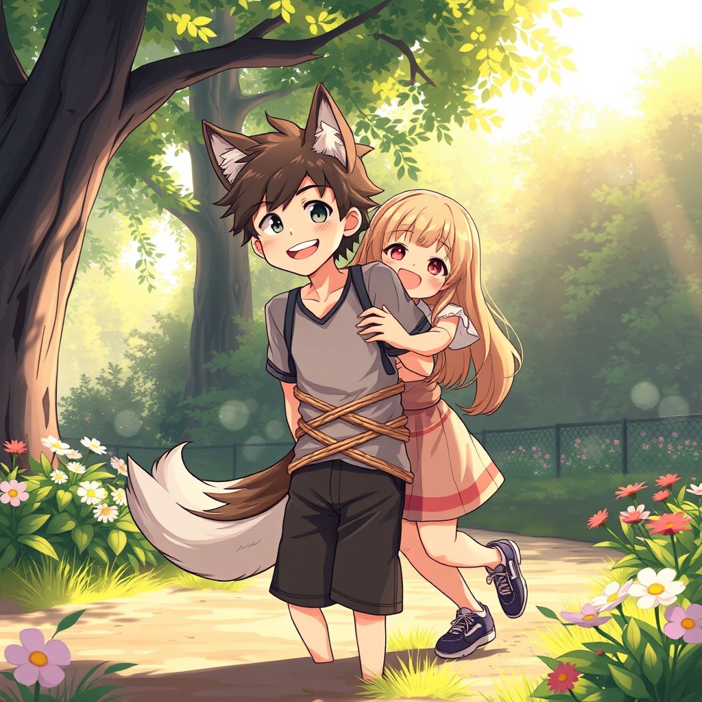 A vibrant anime-style scene depicting an 18-year-old boy with striking wolf ears and a fluffy tail, playfully tied up with rope, his arms bound behind him and legs securely tied