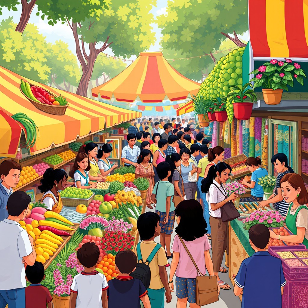 A vibrant cartoon illustration of a bustling outdoor marketplace, filled with colorful stalls and various vendors selling fresh produce, flowers, and textiles