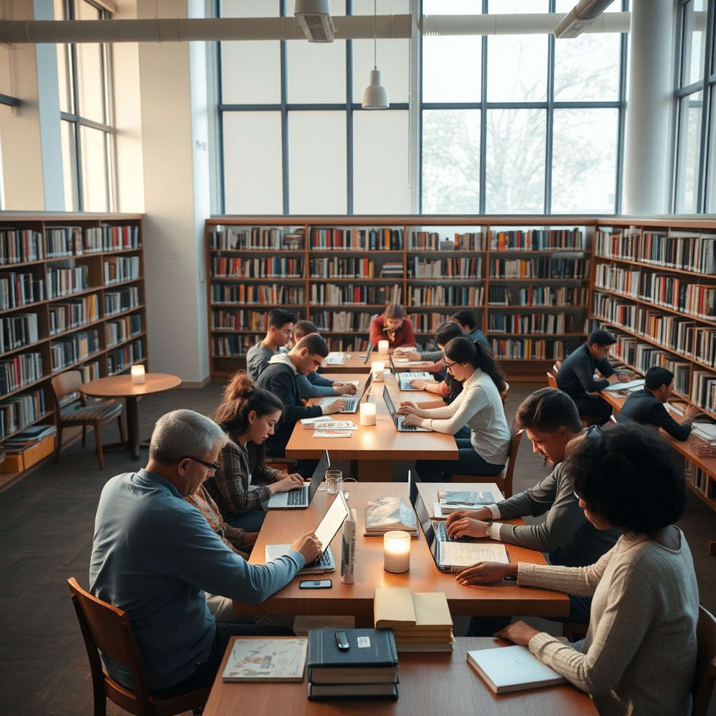 A serene library setting filled with tranquility, where diverse people of various ages and backgrounds are sitting at well-organized tables, engaged in reading books or focused on working on laptops