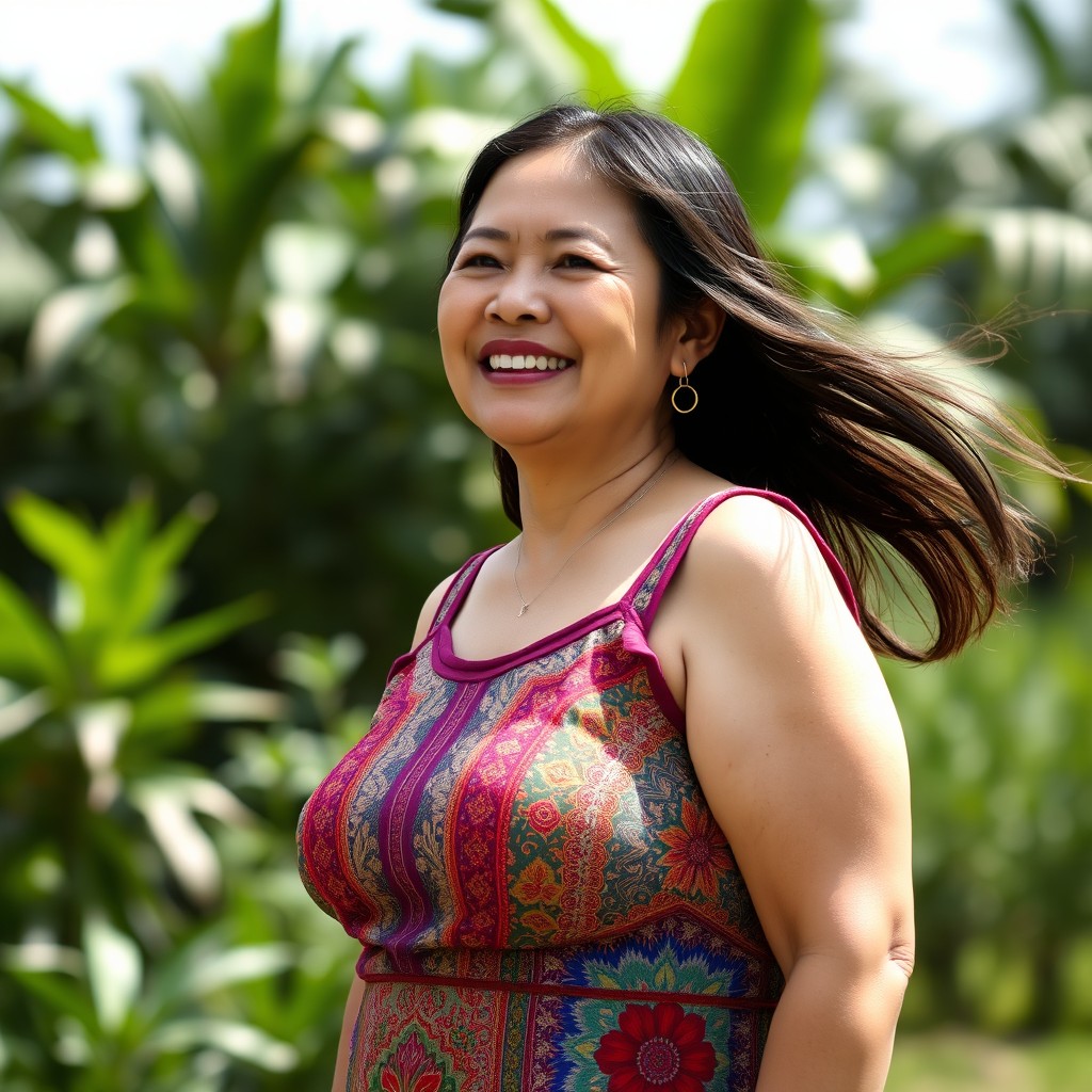 An Indonesian woman, aged 58, slightly plump, wearing a colorful tank top dress (daster), standing in a serene outdoor setting, surrounded by lush greenery, showcasing a warm smile