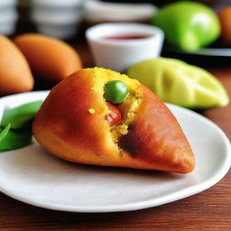 A tasty Brazilian coxinha resting on a single one real bill.