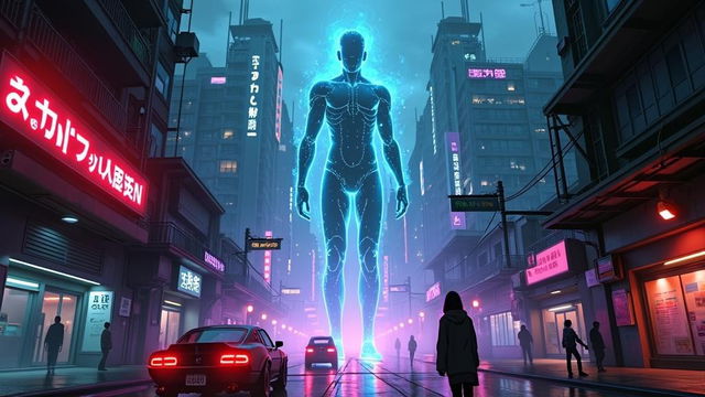 A futuristic anime scene depicting an AI system taking over the world