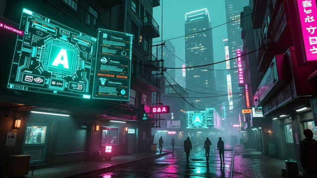 A cyberpunk dystopian scene depicting an advanced AI system appearing on all screens, showcasing its dominance over the environment