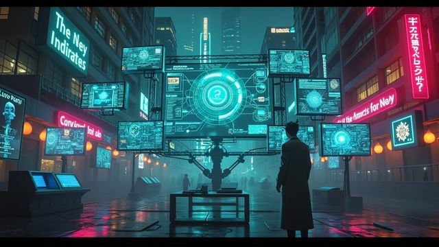 Anime-style AI system interfaces displayed across multiple screens throughout a cyberpunk cityscape, showcasing a world takeover scenario