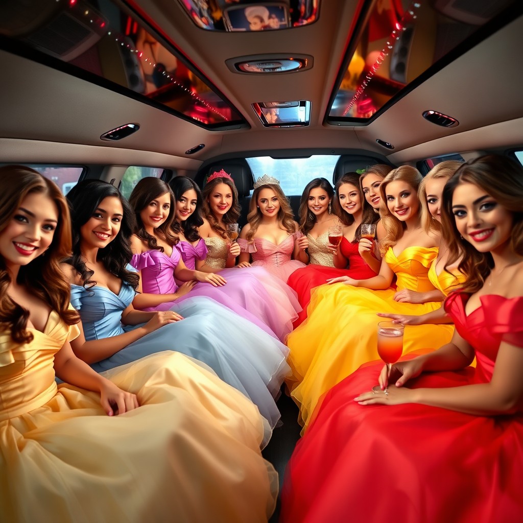 Twelve beautiful women dressed as princesses, smiling with sweet, flowing hair