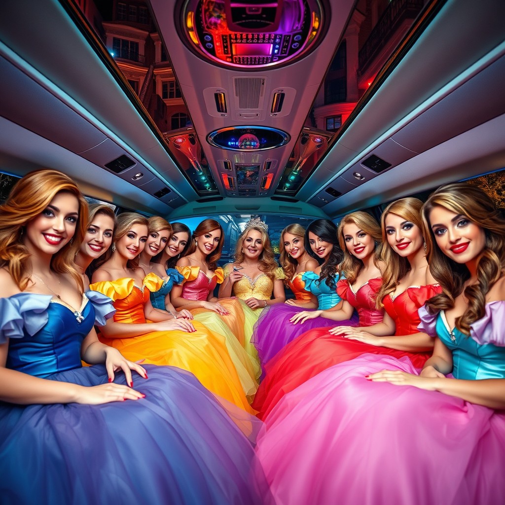 Twelve enchanting women dressed as princesses, smiling sweetly with their gorgeous, flowing hair