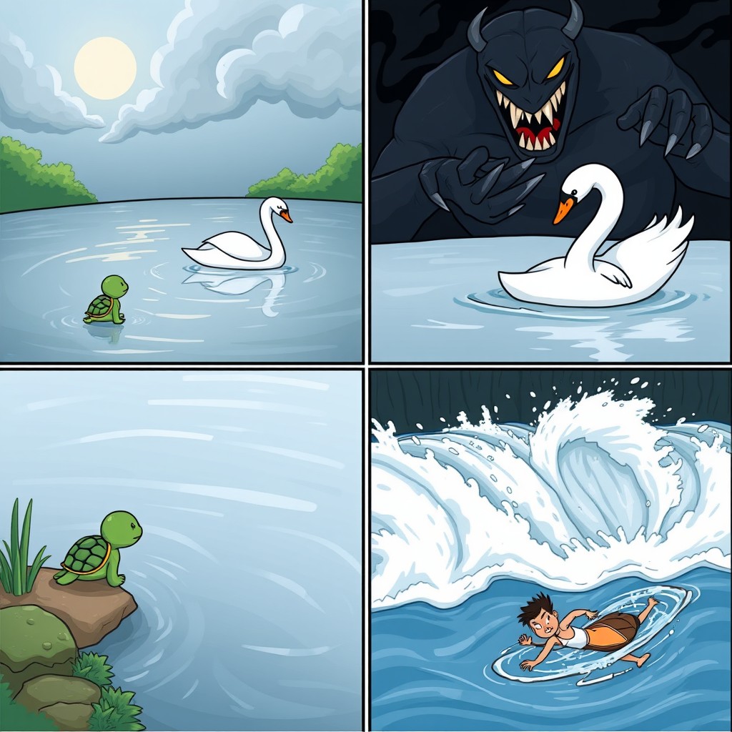 A 4-panel story showcasing a shy turtle named Timmy who admires a beautiful swan named Bella
