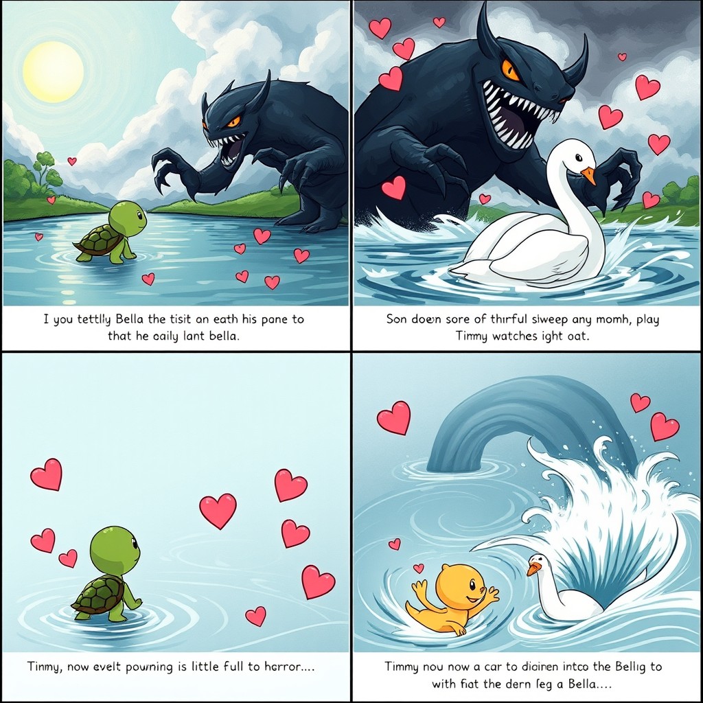 A 4-panel story showcasing a shy turtle named Timmy who admires a beautiful swan named Bella, adorned with hearts