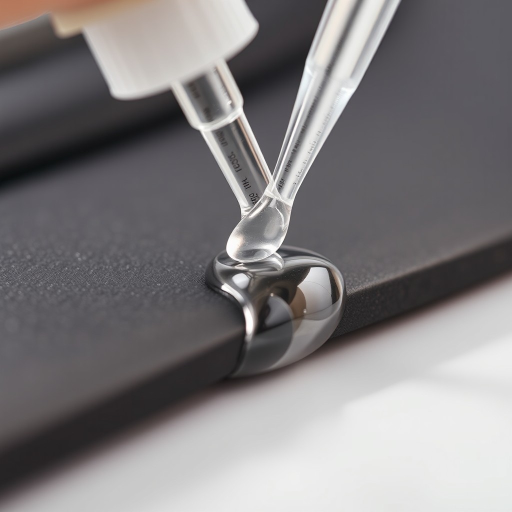 A close-up product demonstration showing a piece of rubber being bonded with a clear adhesive