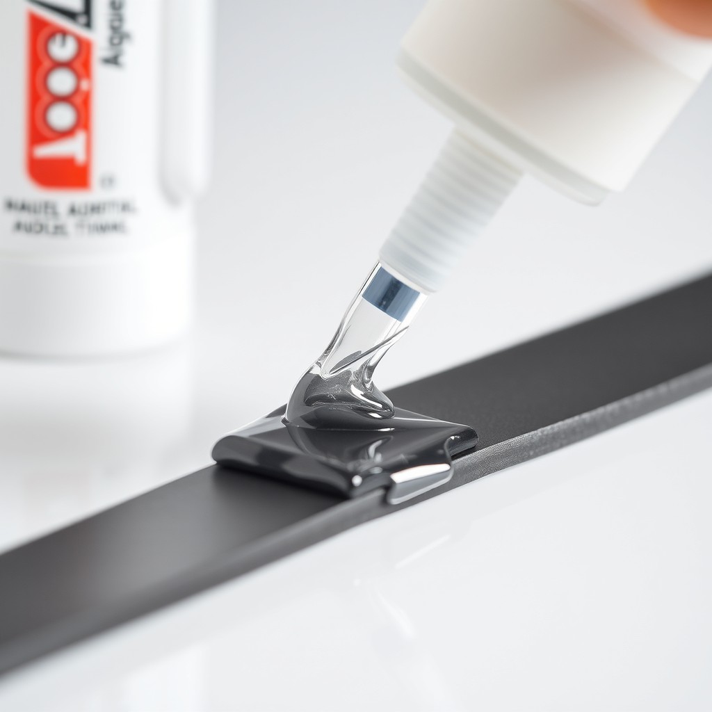 A close-up product demonstration showing a rubber piece being bonded with a clear adhesive that comes in white packaging