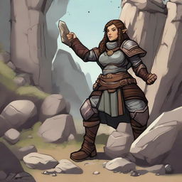 a female dwarven earthbender in heavy armor raises a wall made from rocks and wood from the ground using her powers