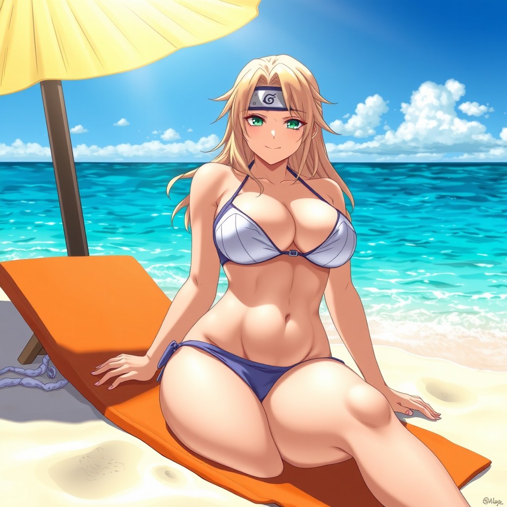A mature-style depiction of Tsunade from the anime Naruto, posing on a sunny beach