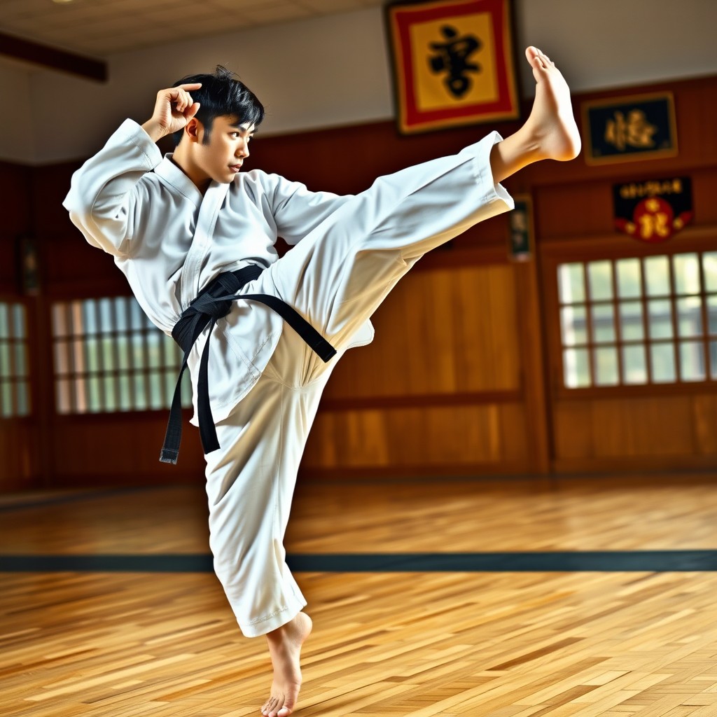 A dynamic and powerful taekwondo exponent executing a high side kick in mid-air, showcasing perfect form and technique