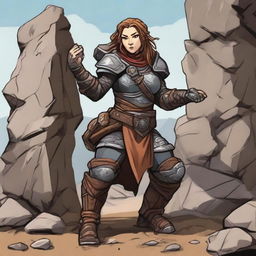 a female dwarven earthbender in heavy armor raises a wall made from rocks and wood from the ground using her powers