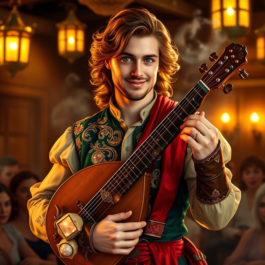 A captivating male fantasy bard in his 30s with wavy chestnut hair and striking blue eyes