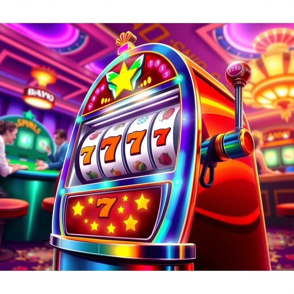 A vibrant and colorful illustration of a casino slot machine with spinning reels
