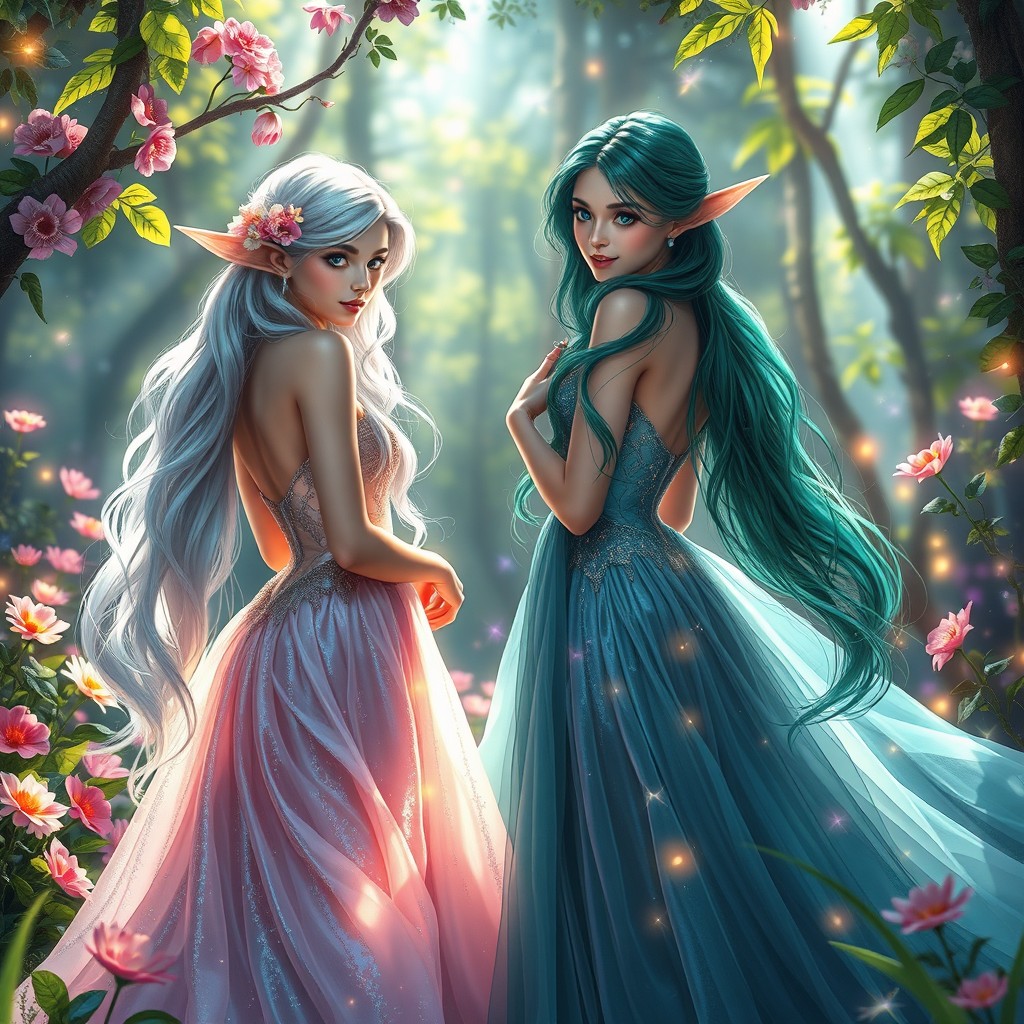 A stunning scene featuring two beautiful elves, both dressed in elegant and flowing dresses that shimmer with magical hues