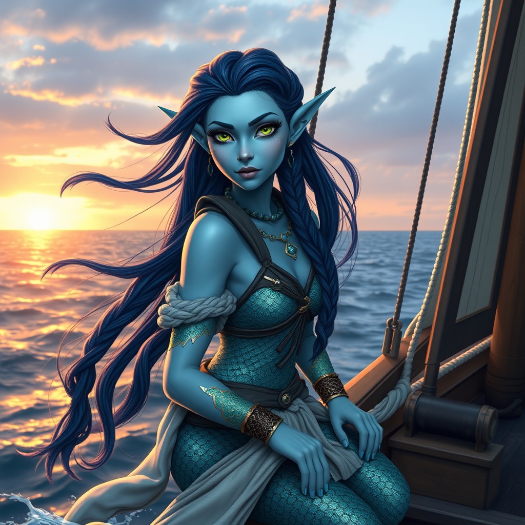 An enchanting female sea elf sailor with light blue skin and dark navy blue hair styled in long, intricate braids