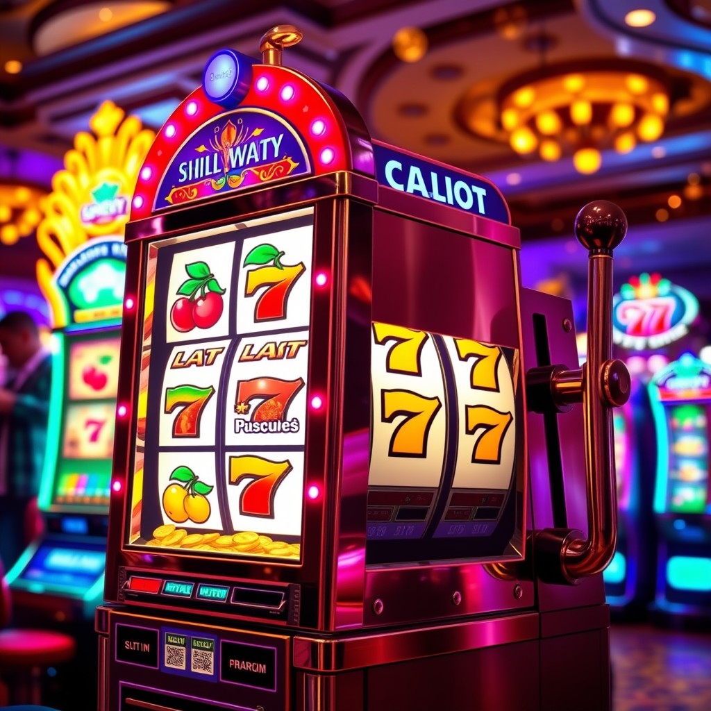 A vibrant and colorful slot machine, adorned with bright lights, featuring classic symbols like cherries, bars, and lucky sevens